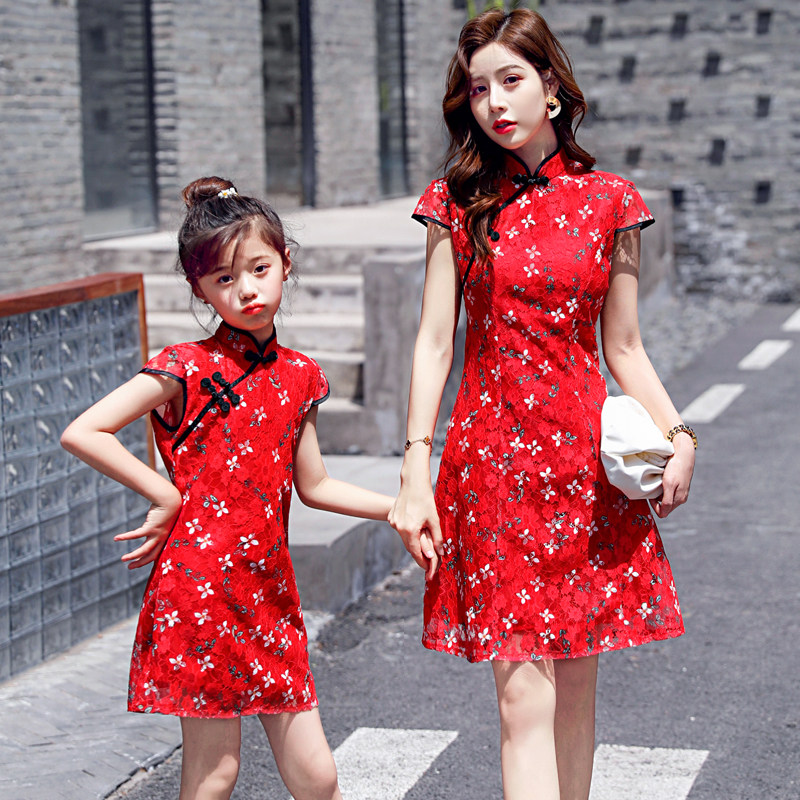 Net celebrity parent-child dress lace cheongsam dress Chinese style 2022 summer new Western style slim mother and daughter summer dress