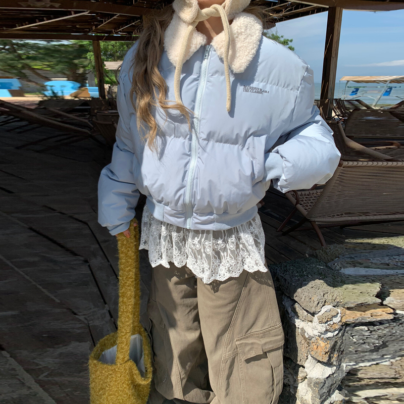 Cute Blue Lamb Wool Lapel Short down Jacket for Women, Winter 2025 New Style, Petite Puffer Jacket, Cotton-Padded Coat