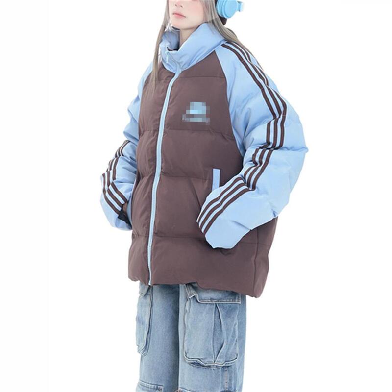 Trendy American-Style Color-Blocked Striped down Cotton Jacket for Women, Winter Petite Couple Outfit, Thickened Puffer Coat