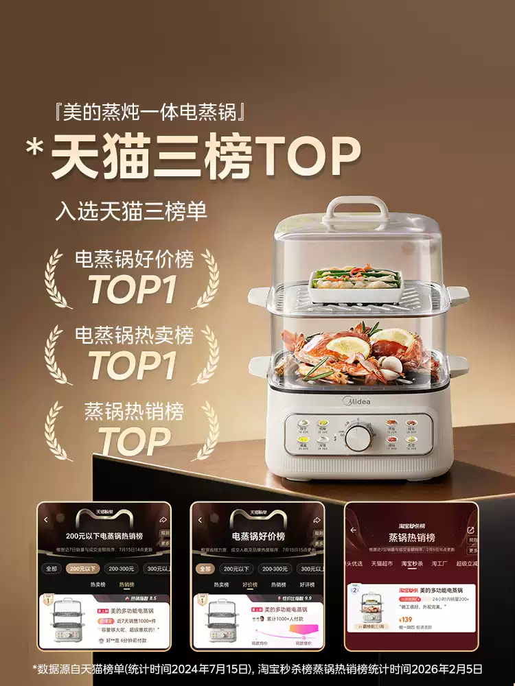 Midea 美的 MZ-ZGE2323H02 三层大容量可视电蒸锅 10.8L 多重优惠折后￥94.05包邮 淘金币可扣￥18.98