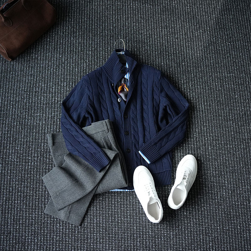 Cssugent Autumn and Winter Old Money Style Stand Collar Cable Knit Wool Sweater Jacket Men's Vintage Nouveau Riche Sweater