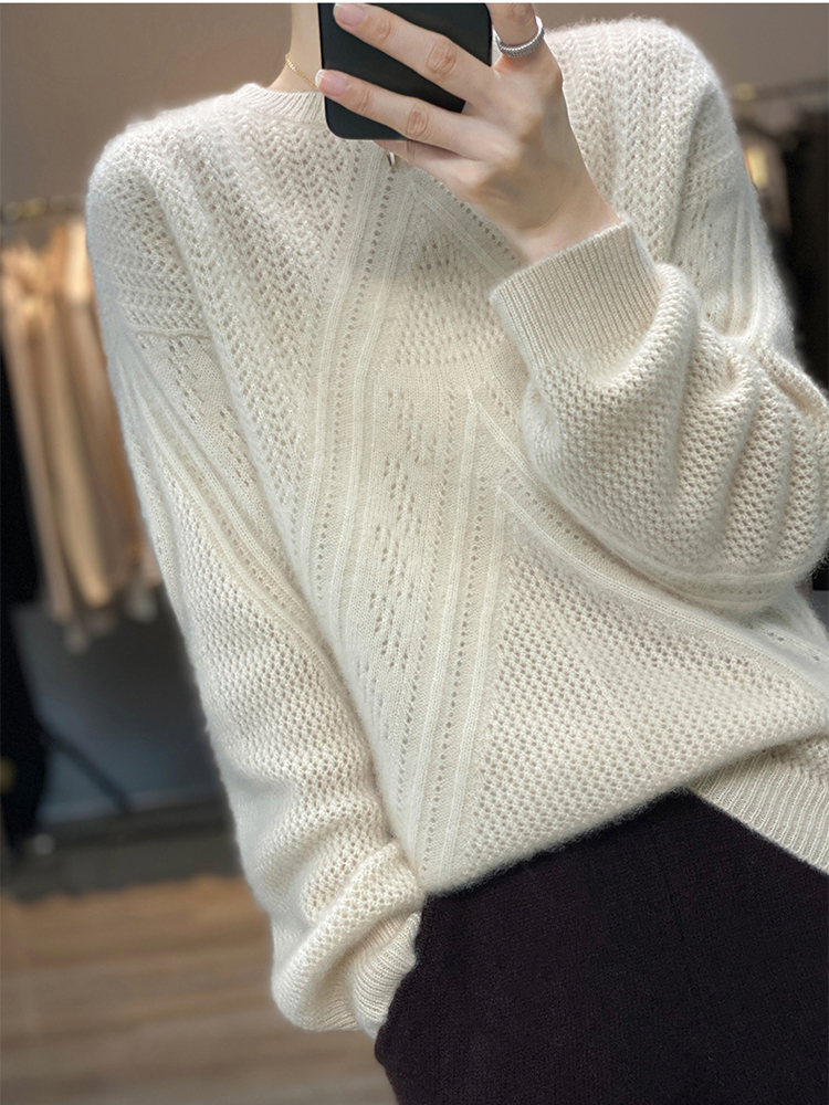 YENR new cashmere cardigan 100 pure cashmere round collar hollowed-out sweatshirt with outstanding fashion hit undershirt-Taobao