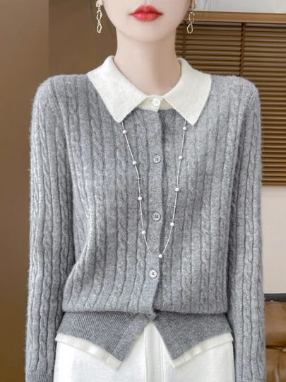 Новый стильный кардиган YENR с воротником-поло из шерстяной ткани для женщин, свободный свитер с цветными блоками и витым узором, утягивающий верхняя одежда