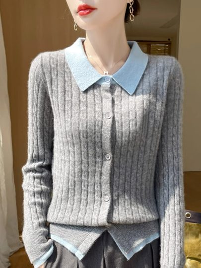 Новый стильный кардиган YENR с воротником-поло из шерстяной ткани для женщин, свободный свитер с цветными блоками и витым узором, утягивающий верхняя одежда