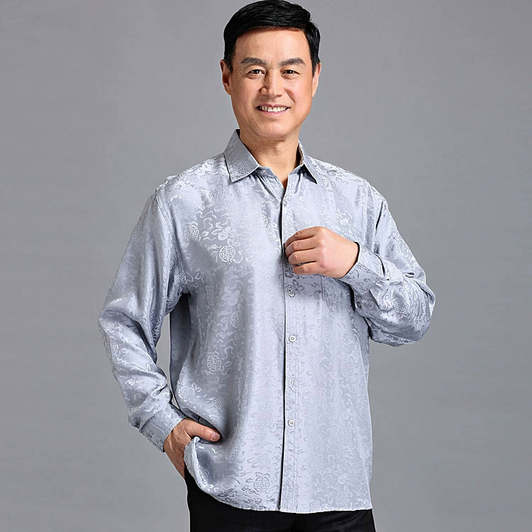 Áo sơ mi nam trung niên lụa dài tay mùa hè lụa tơ tằm nam áo sơ mi ông già cha mùa hè - Áo áo sơ mi nam body