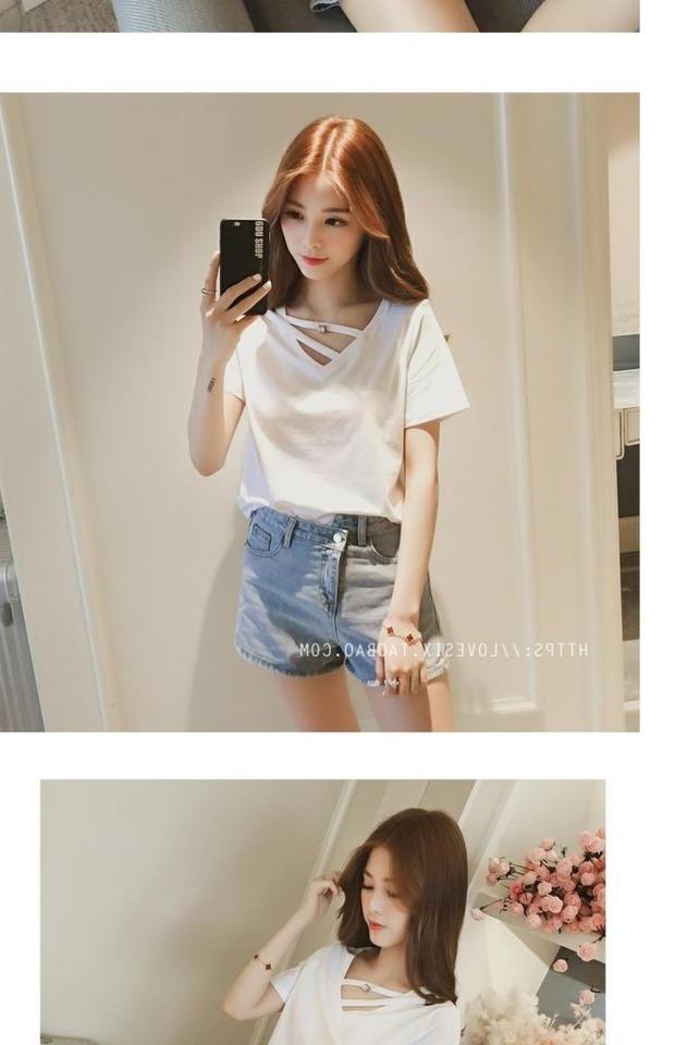 Mùa hè của phụ nữ Han Fan v-cổ chéo quần áo màu hồng ngắn tay học sinh Áo thun màu nửa rắn tay áo cẩn thận máy nhỏ áo phông ngắn tay