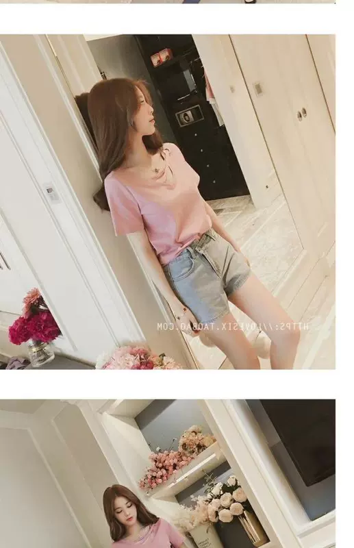 Mùa hè của phụ nữ Han Fan v-cổ chéo quần áo màu hồng ngắn tay học sinh Áo thun màu nửa rắn tay áo cẩn thận máy nhỏ