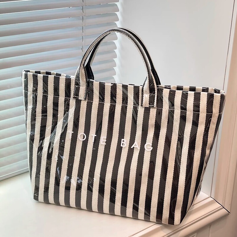 ins Striped Kraft Paper Jelly Bag Women's Large Capacity Waterproof Pvc Swimming Bag Seaside Travel Beach Bag Bathing Bag