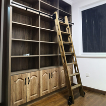 Bookshelf solid wood household slide wooden straight ladder escalator library indoor multifunctional bookcase pulley moving wooden ladder