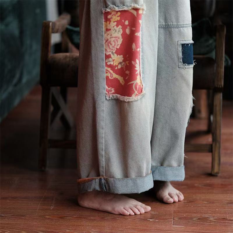 Spring, Summer, and Autumn Washed Vintage Jeans with Color-Blocking Patchwork, Loose Straight-Leg Pants for Women, Ethnic Style, Trendy Women's Fashion