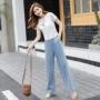 Mùa hè 2019 mới của phụ nữ quần ống rộng denim rộng giản dị phù hợp với phiên bản Hàn Quốc của hai bộ thời trang - Quần jean chân váy bò