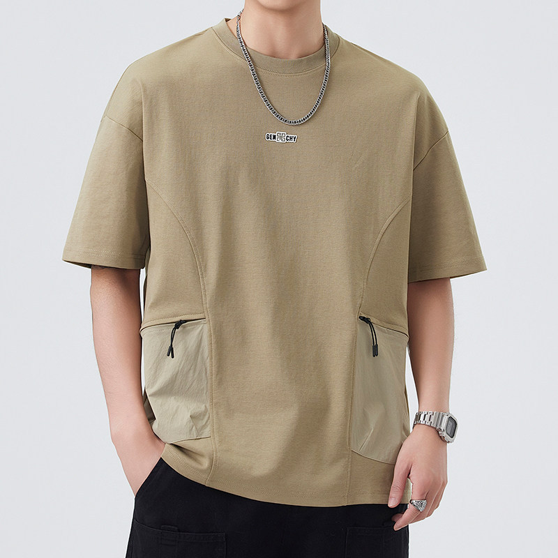 Men's Zippered Double-Pocket Crew Neck Short-Sleeve T-Shirt 2026 Summer Trendy Youth High-End Half-Sleeve Casual Top