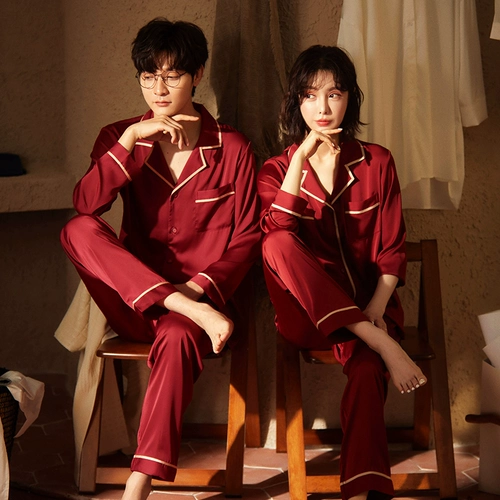 Пижама для влюбленных, комплект подходит для мужчин и женщин, осенний шелковый лонгслив, красная тонкая демисезонная раскраска, оберег на день рождения