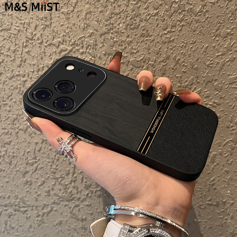Msmiis Is Suitable for Apple 17Promax Special Mobile Phone Case 17Air2026 New Wood Grain Plain Leather Iphone16P Spliced Contrasting Color High-End Matte 15 Imitation Leather Anti-Fall All-Inclusive Protective Case