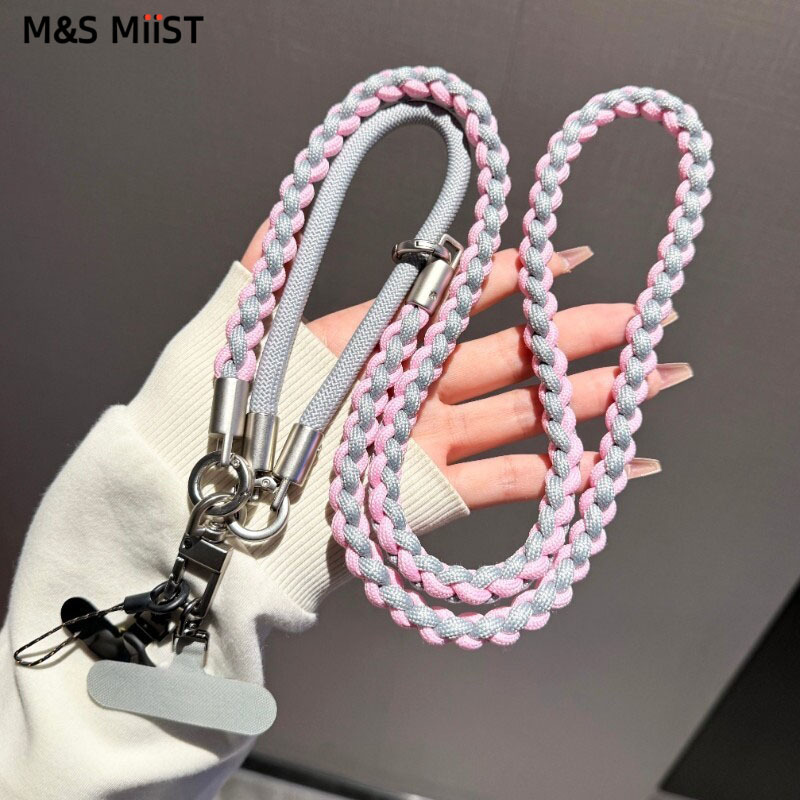 High-End Three-In-One Mobile Phone Chain in Pink and Gray Woven Design, Wrist Chain, Crossbody Strap, Adjustable Neck Strap, Mobile Phone Lanyard