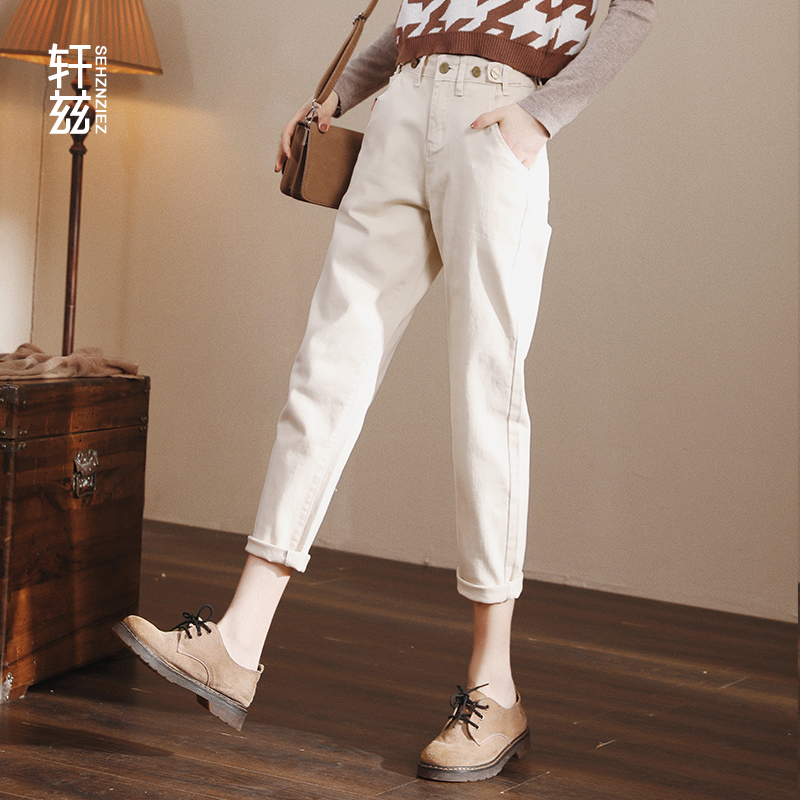 Rice White Jeans Woman Plus Suede Kharen Pants 2023 Autumn Winter New Women's Pants High Waist Display Slim Turnip Old Daddy Pants-Taobao