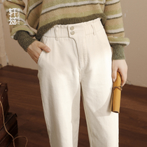 Beige pants womens straight loose 2021 spring and autumn new high waist casual corduroy pants plus velvet harem pants