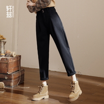 Xuan Zi plus velvet jeans women loose Haren pants 2021 autumn and winter New High waist thick black father radish pants