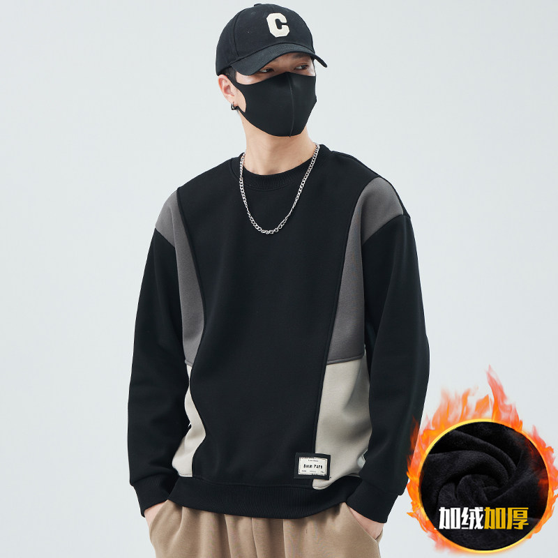 Collage plus suede thickened men's sweatshirt 2023 autumn winter new round collar loose men's fashion boarder blouses blouses-Taobao