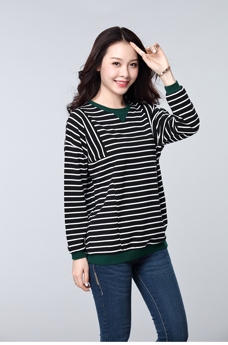 加肥加大码女装胖mm春装2020新款韩版黑白条纹衫长袖T恤女打底衫商品详情图