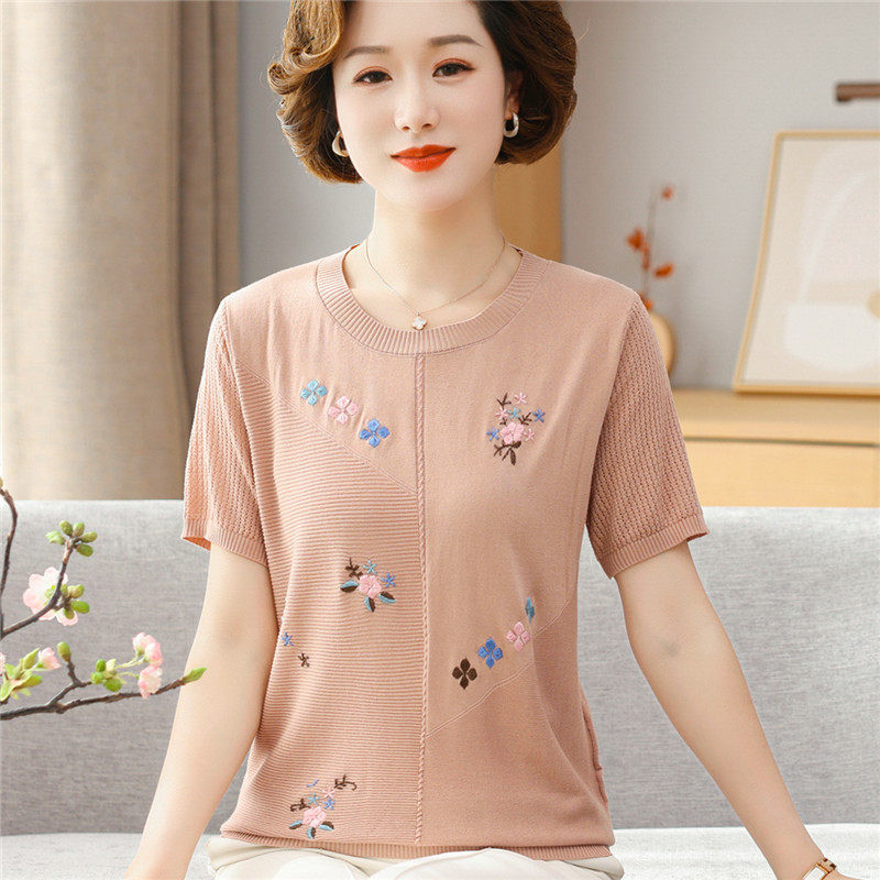 Mom loaded with summer clothing short sleeve ice silk T-shirt noble broadsheet Knitted Sweatshirt T-shirt for older ladies slim fit