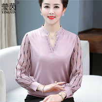 Middle-aged mother long sleeve gauze sleeve sweater 2021 middle-aged and elderly womens spring and autumn jacket foreign fashion short base shirt