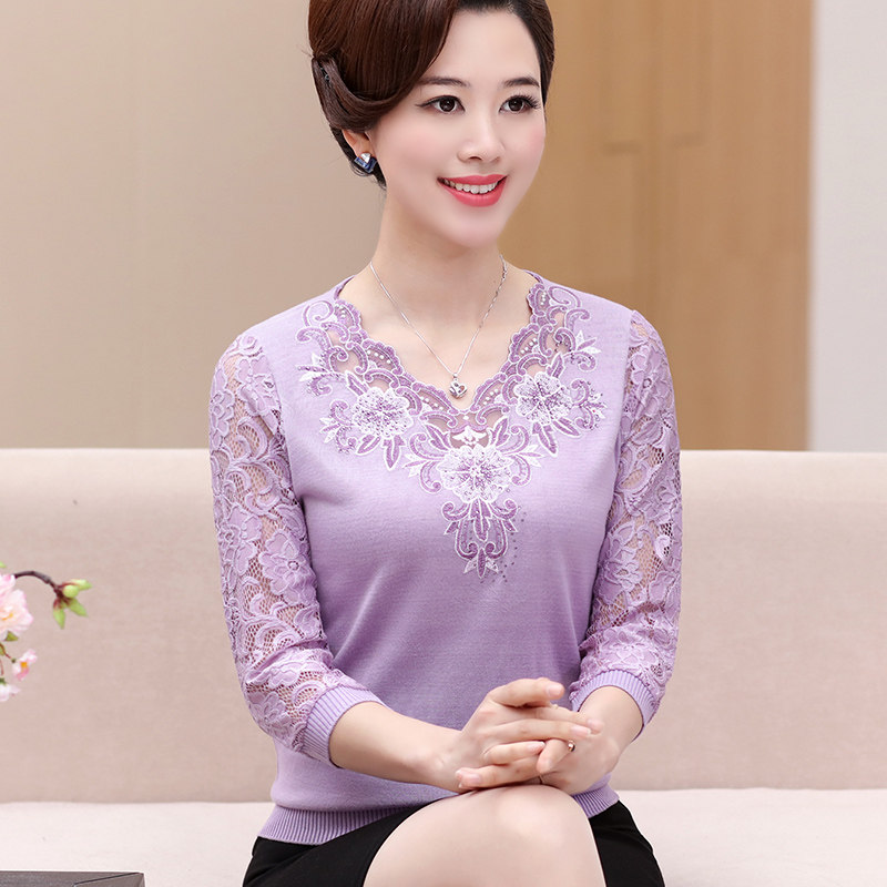 Middle-aged women spring top Mom autumn all-in-one base shirt T-shirt knitted three-point sleeve sleeve shirt 40 years old 50 years old 50 years old 50 years old 50 years old 50 years old 50 years old 50 years old 50 years old