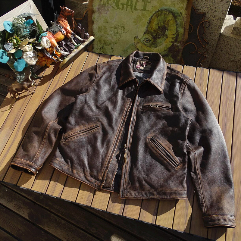 Detroit Style Tea-Colored Cowhide Leather with Stone-Frayed Distressed Finish, American Vintage Workwear Genuine Leather Jacket
