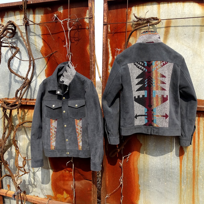 Navajo totem suede cowhide Japanese version 507XX denim men's American retro genuine leather jacket