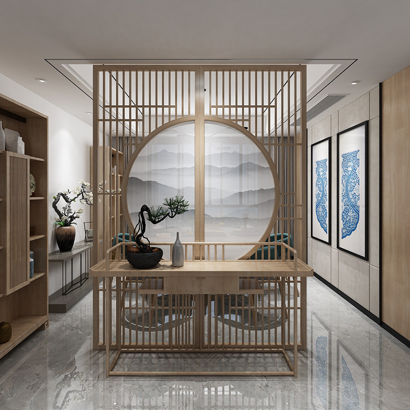 Modern New Chinese Screen Solid Wood Living Room Barrier Circular Fence Entry Design Customized Walnut Seat Screen