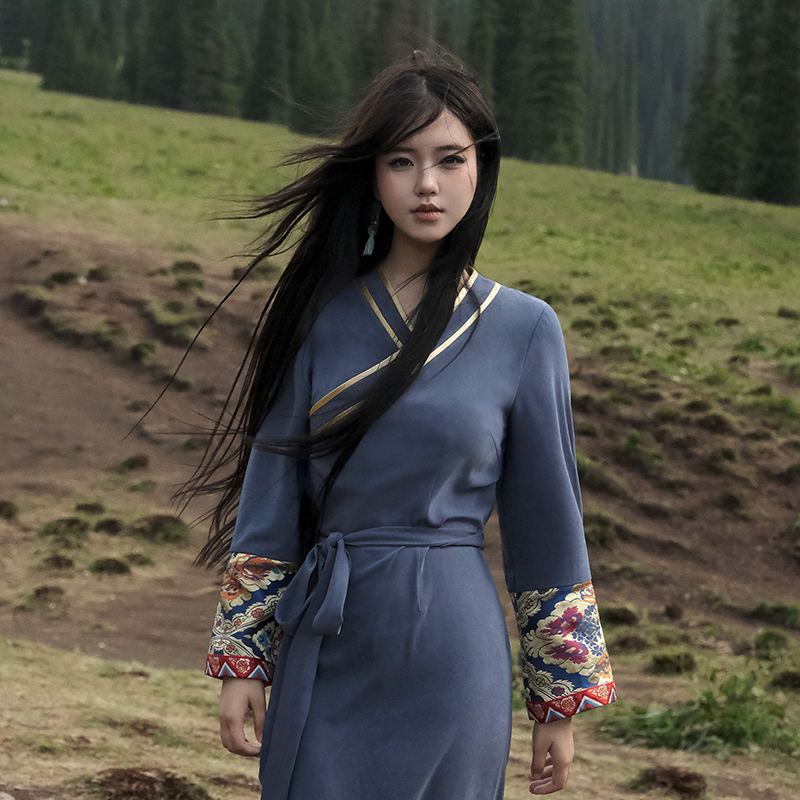 Mist Blue Chinese Style Heavy Brocade Tibetan Clothing Women's Modified Retro Hanfu Ancient Style Slim Long Dress