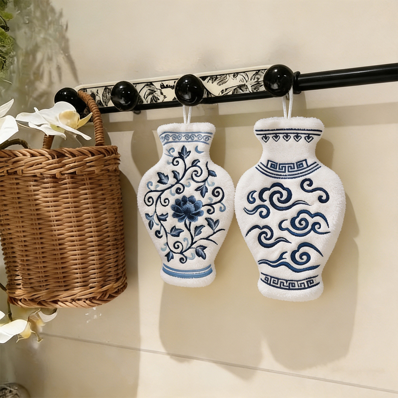 New Chinese-Style Blue and White Porcelain Vase Hand Towel, Hanging Coral Velvet High-End National Style Bathroom Handkerchief, Kitchen Cleaning Cloth