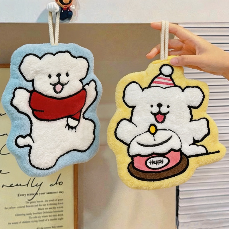 Cute Cartoon Puppy Hanging Hand Towel, Thick Absorbent Bathroom Towel, Coral Fleece Handkerchief, Kitchen Cloth, Handkerchief