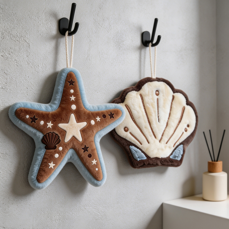 Creative Ocean-Style Shell Hand Towel, Coral Velvet Hanging Type, Thickened, Absorbent, Quick-Drying Kitchen Cloth, Bathroom Handkerchief