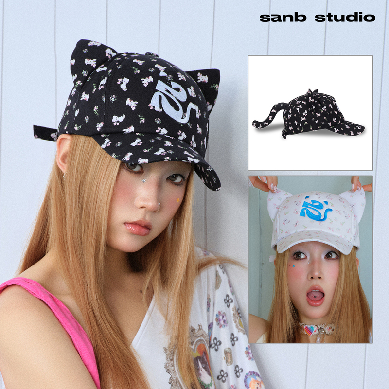 Sanb Cartoon Cat Baseball Cap, Stiff and Face-Slimming, Kitten Ears, Duckbill Cap, Floral Korean Style Y2K Cute Women's Hat Sanb Cartoon Cat Baseball Cap, Stiff and Face-Slimming, Kitten Ears, Duckbill Cap, Floral Korean Style Y2K Cute Women's Hat