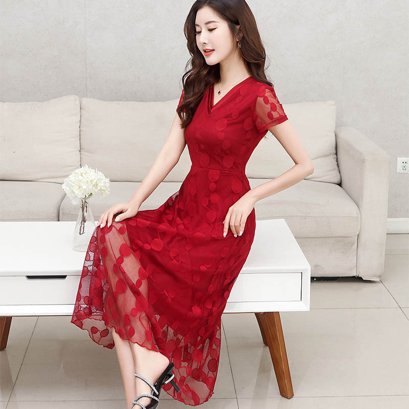 Spring 2025 New Lace Floral Polka Dot Dress Women's Summer V-Neck Dress Fashionable High-End Sexy Elegant Trendy