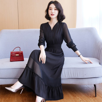 Spring and Autumn Chiffon Dress Women's Long Sleeve 2022 New Large Size Long Section V-Neck Fashion Temperament Waist Slim Long Dress