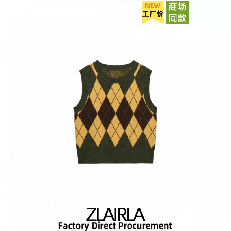 Za Women's Clothing Autumn New Arrival Round Neck Simple Versatile Diamond Pattern Pullover Knitted Vest 2142109
