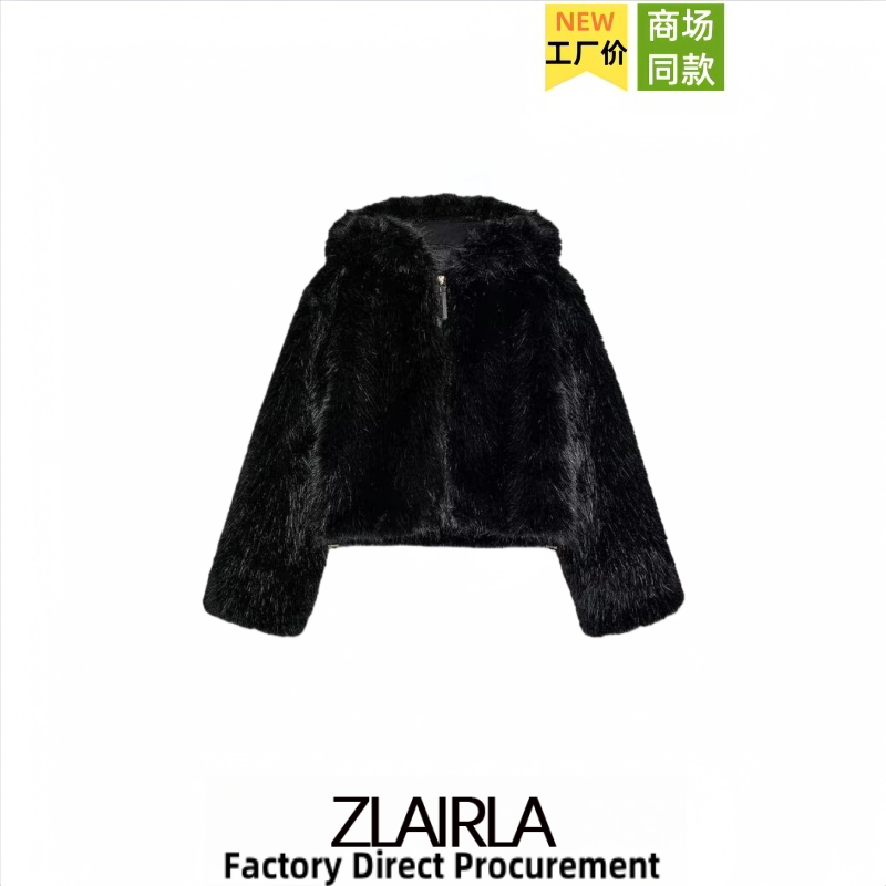 Za Women's New Winter Hooded Faux Fur Jacket Plush Top Warm Short Coat 5854223