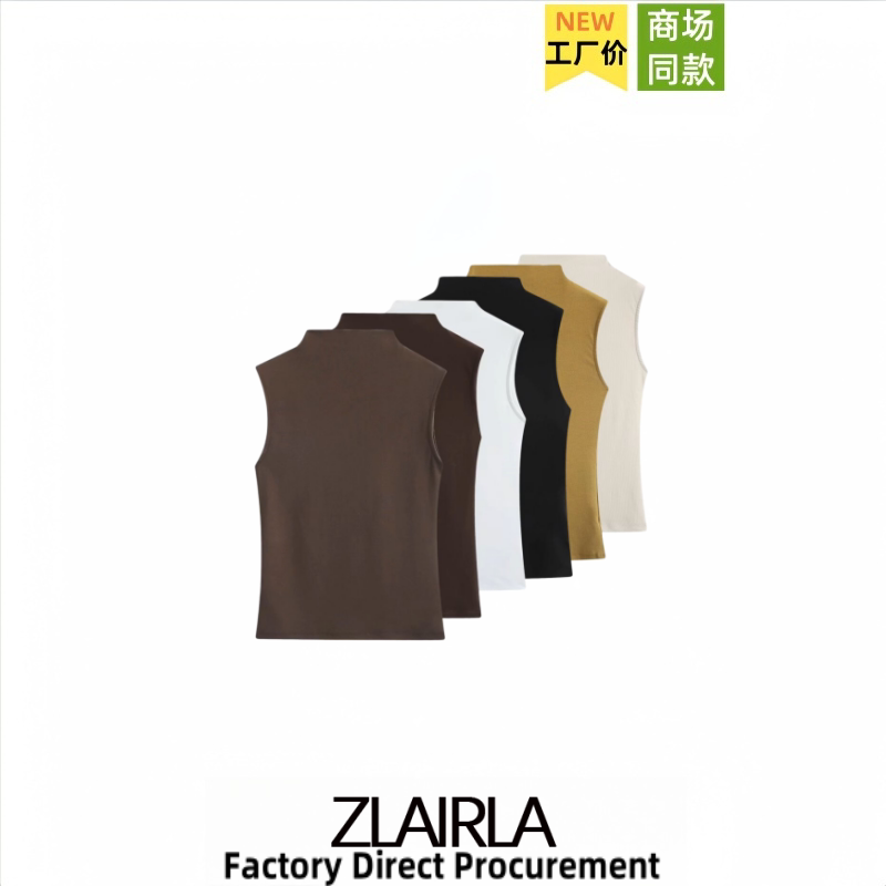 Za Women's Clothing Spring and Summer New Versatile Half-High Collar Solid Color Straight Cotton Sleeveless Top Vest T-Shirt 3641871