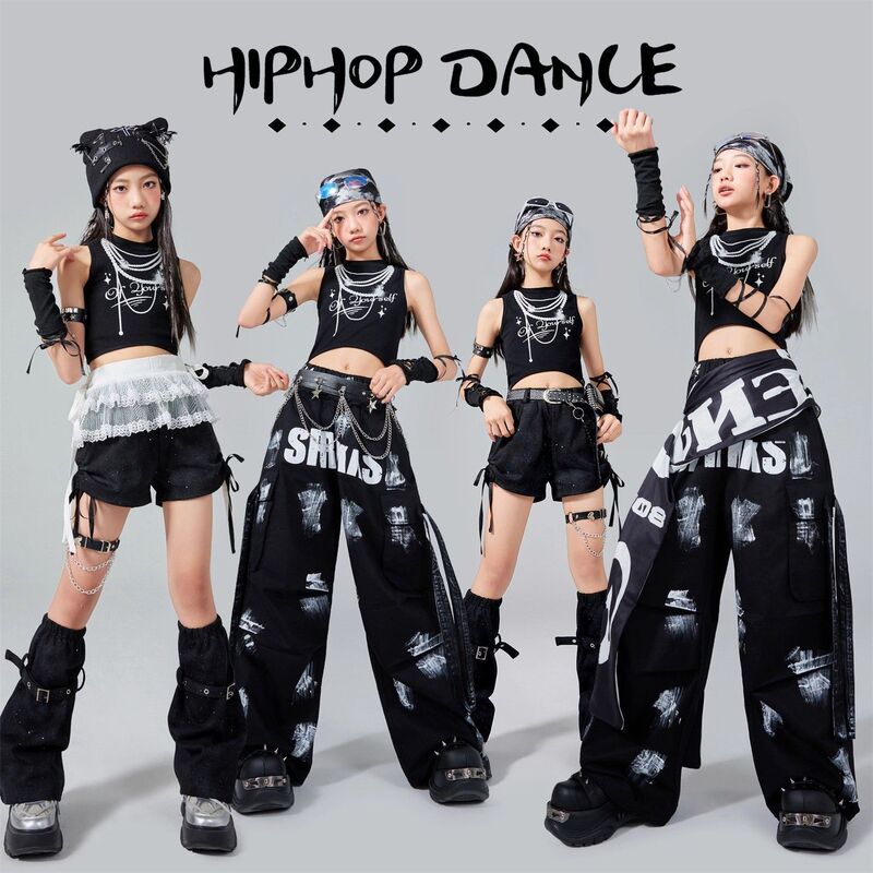 Girls' Jazz Dance Clothing, Children's Street Dance Hip-Hop Short-Sleeve Trendy Cool Girl Jazz Practice Outfit Performance Costume