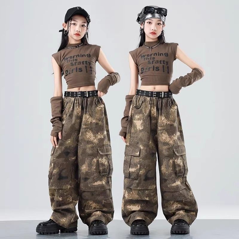 Girls' Jazz Dance Clothing, Jazz American-Style Sweet and Cool Camouflage Cargo Pants, Hip-Hop Dance Outfits, Children's Street Dance Trendy Clothing