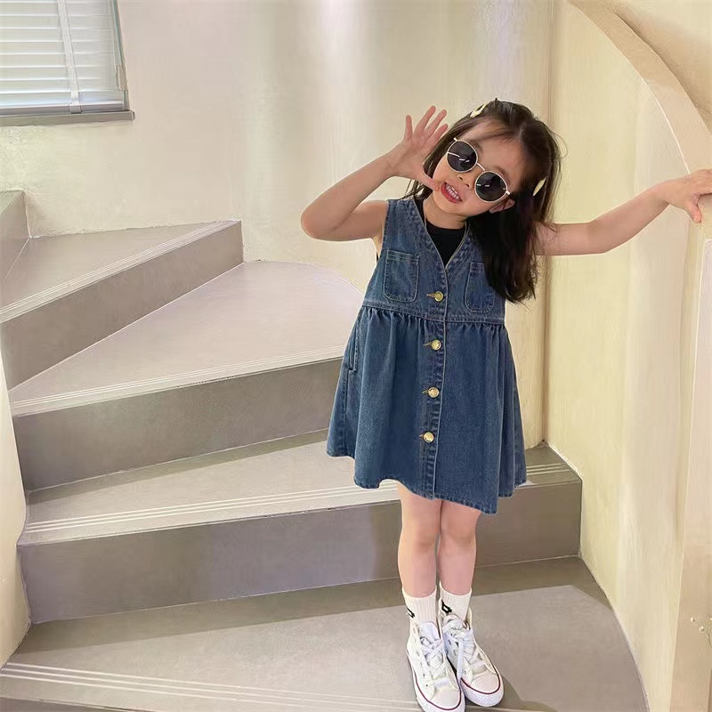 Girl's dress 2023 spring and summer new foreign air girl princess dress pleasant-dress baby sleeveless vest denim dress-Taobao