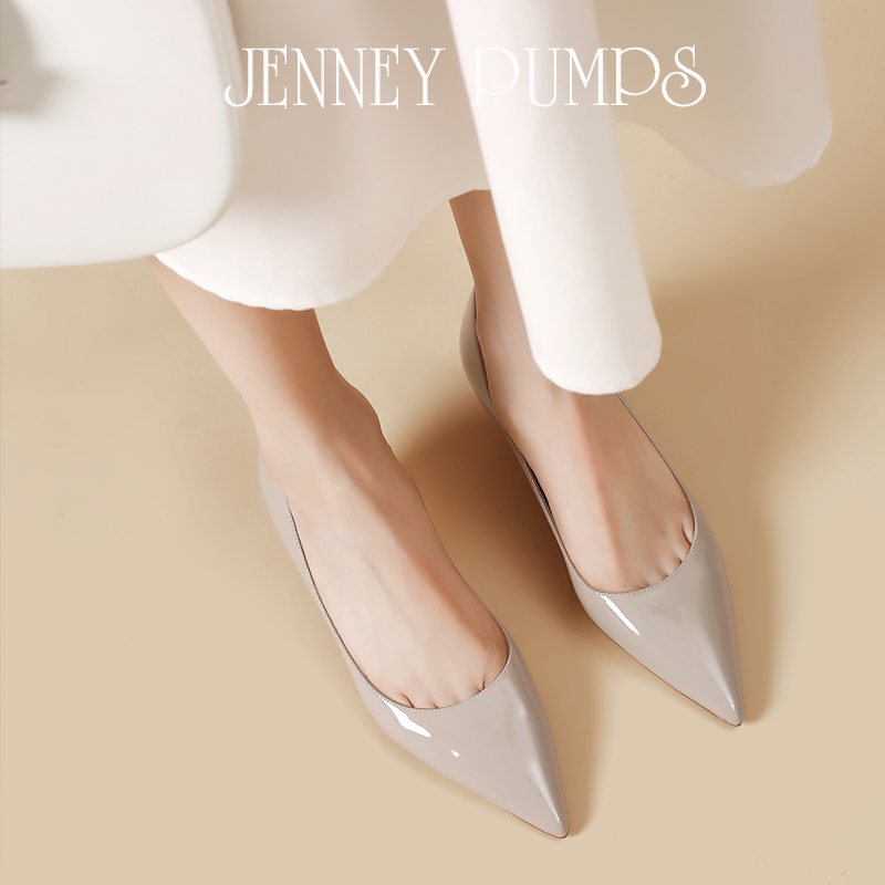 Zhou Zhenjie Series [Mud Without Residue] Nude Gray Patent Leather High Heels Women's Stiletto Pointed Toe Genuine Leather Niche Shoes
