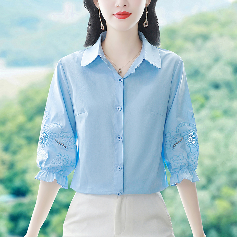 Hollow Embroidered Lapel Flared Sleeve Pure Cotton Shirt for Women, Summer Thin Base Shirt, Age-Reducing, Stylish Three-Quarter Sleeve Top Hollow Embroidered Lapel Flared Sleeve Pure Cotton Shirt for Women, Summer Thin Base Shirt, Age-Reducing, Stylish Three-Quarter Sleeve Top