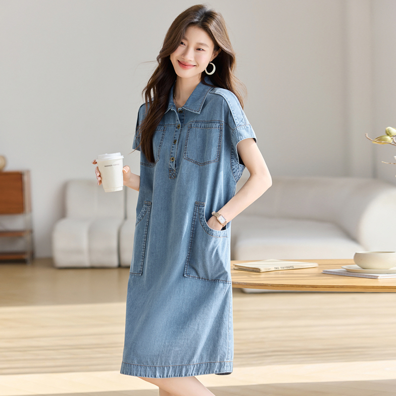 Fashionable Short-Sleeved Denim Shirt Dress for Women 2025 Summer New Loose Belly-Covering Slimming Look Straight Workwear Skirt Fashionable Short-Sleeved Denim Shirt Dress for Women 2025 Summer New Loose Belly-Covering Slimming Look Straight Workwear Skirt