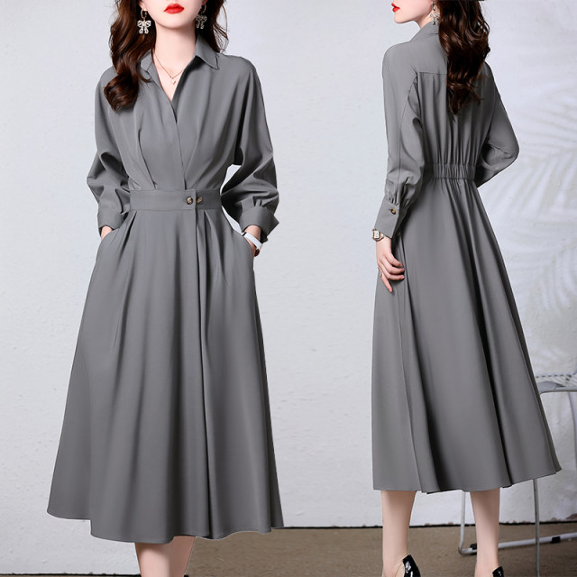 Spring and autumn long-sleeved shirt dress women's 2023 new celebrity temperament waist slimming high-end chic chic long skirt