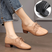 2022 spring and autumn genuine leather coarse heel single shoe woman casual with soft bottom lacing woman shoes big code round head deep mouth small leather shoes