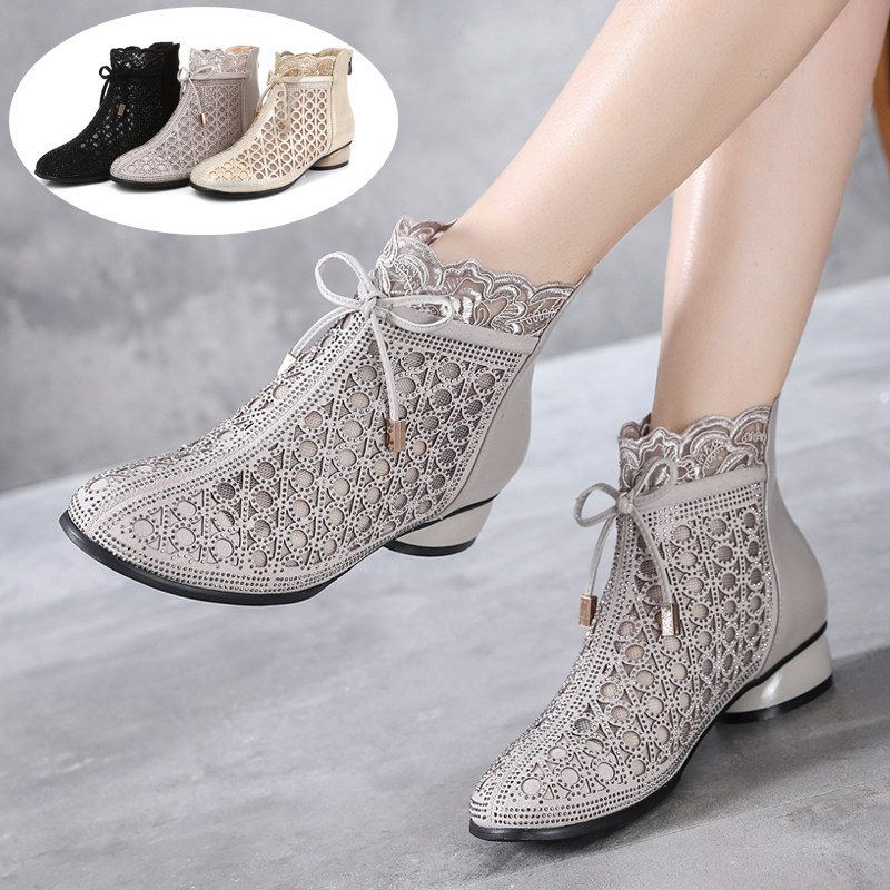 Net Yarn Short Boot 2022 Spring Summer New Genuine Leather Flat Bottom 100 Hitch Woman Boots Large Size Water Drill Women's Shoes Soft Bottom Hollowed-out Cool Boots