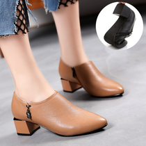2022 Spring Autumn New Genuine Leather Coarse Heel Single Shoes Woman Heel Pointy Inglém Wind Women Shoes Soft Bottom Frosted Deep Mouth Leather Shoes
